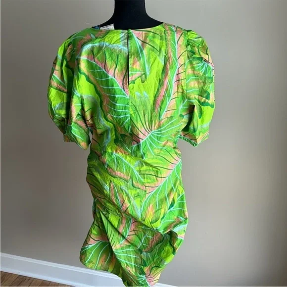 FARM Rio x Anthropologie Puff Sleeve Mini Dress Lime Green Palm Tropical NEW XL - Picture 6 of 13